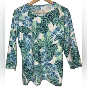 J. McLaughlin Palm Leaf Print Catalina Cloth 3/4 Sleeve Top Size L Tropical